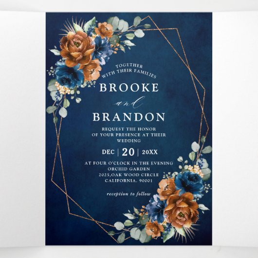 Terracotta Navy Blue Greenery Geometric Wedding Tr Drieluik Programma (Binnenkant midden)