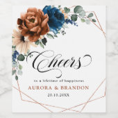 Terracotta Navy Blue Greenery Geometric Wedding Wijn Etiket (Enkel label)