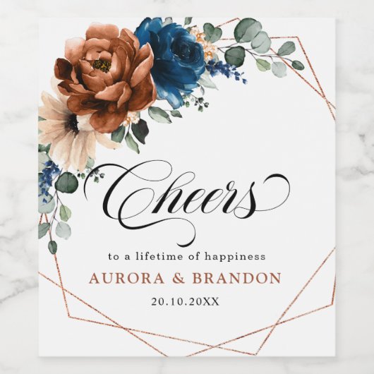 Terracotta Navy Blue Greenery Geometric Wedding Wijn Etiket (Enkel label)