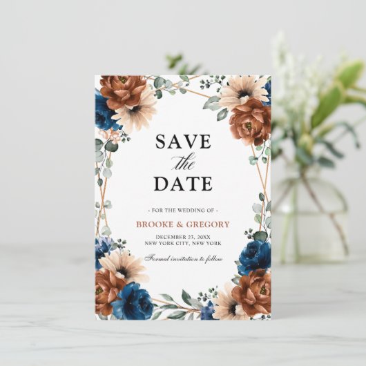 Terracotta Navy Blue Greenery Save the date (Staand voorkant)