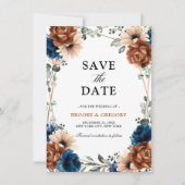 Terracotta Navy Blue Greenery Save the date (Voorkant)