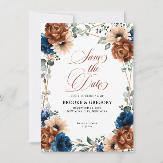 Terracotta Navy Blue Greenery Save the date (Voorkant)