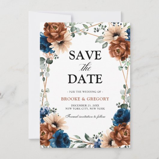 Terracotta Navy Blue Greenery Save the date (Voorkant)