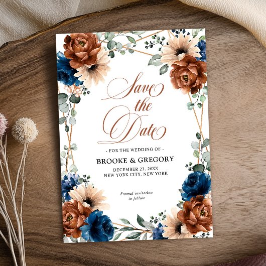 Terracotta Navy Blue Greenery Save the date