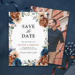 Terracotta Navy Blue Greenery Save the date<br><div class="desc">Elegant Navy blue,  Terracotta,  Oranje oortige bruiloft met bloementhema's,  behalve de datumkaart met elegante bouquet van Navy blue,  Terracotta-rozen pinda's en groene eucalyptusbladeren. Neem contact met mij op voor hulp bij aanpassingen of als u een ander product nodig hebt met dit ontwerp.</div>