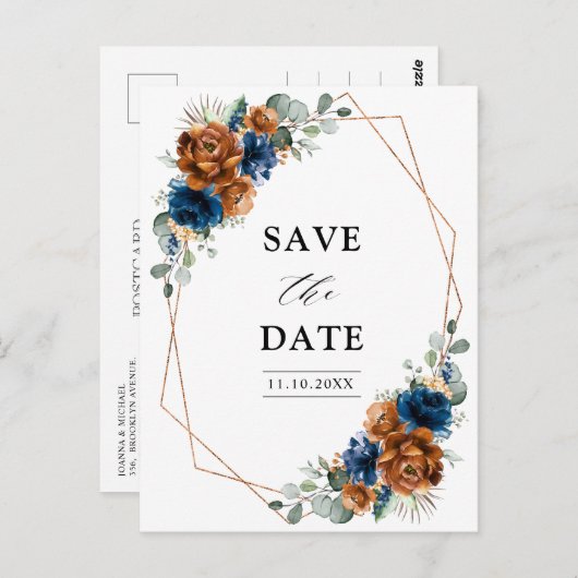 Terracotta Navy Blue Greenery Save the Date Briefkaart (Voorkant / Achterkant)