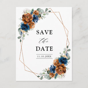 Terracotta Navy Blue Greenery Save the Date Briefkaart