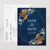 Terracotta Navy Blue Greenery Save the Date Postca Briefkaart (Voorkant / Achterkant)