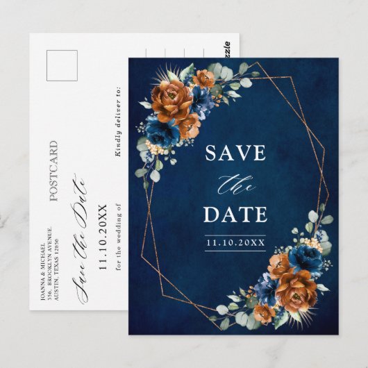 Terracotta Navy Blue Greenery Save the Date Postca Briefkaart (Voorkant / Achterkant)