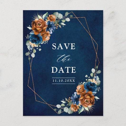 Terracotta Navy Blue Greenery Save the Date Postca Briefkaart (Voorkant)