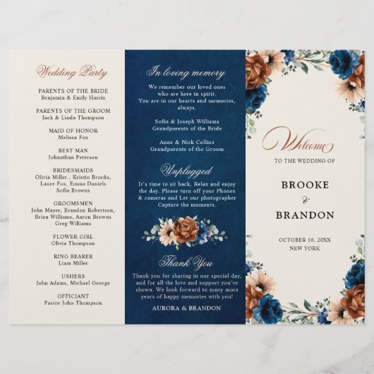 Terracotta Navy Blue Greenery Wedding Programme (Voorkant)