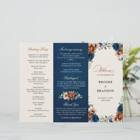 Terracotta Navy Blue Greenery Wedding Programme (Staand voorkant)