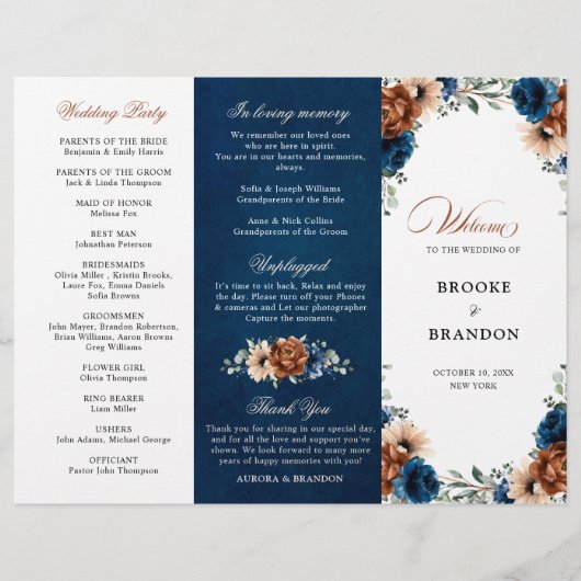 Terracotta Navy Blue Greenery Wedding Programme (Voorkant)