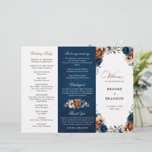 Terracotta Navy Blue Greenery Wedding Programme (Staand voorkant)