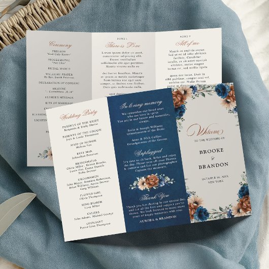 Terracotta Navy Blue Greenery Wedding Programme