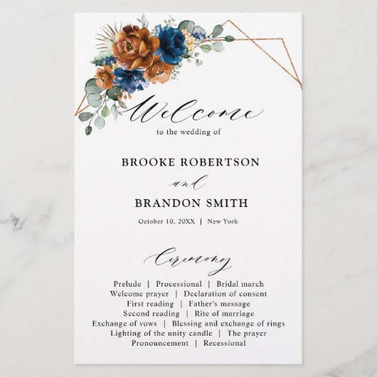 Terracotta Navy Blue Greenery Wedding Programme (Voorkant)