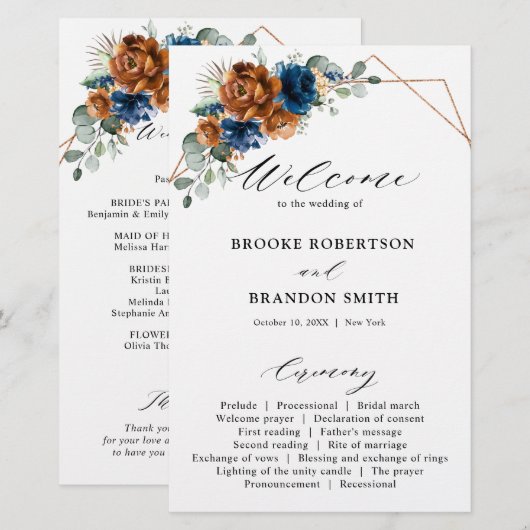 Terracotta Navy Blue Greenery Wedding Programme (Voorkant / Achterkant)