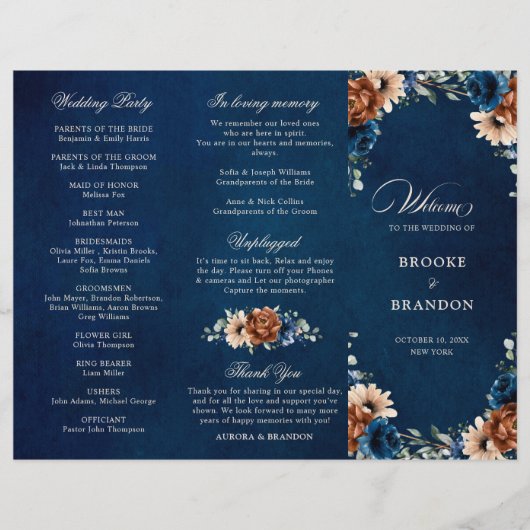 Terracotta Navy Blue Greenery Wedding Programme (Voorkant)