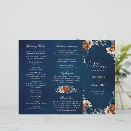 Terracotta Navy Blue Greenery Wedding Programme (Staand voorkant)