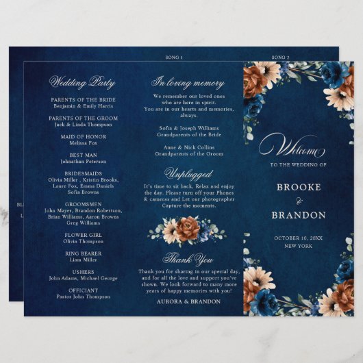 Terracotta Navy Blue Greenery Wedding Programme (Voorkant / Achterkant)