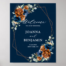 Terracotta Navy Blue Greenery Wedding Welcome Post Poster