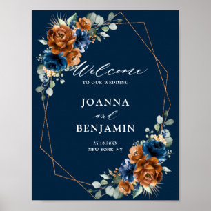 Terracotta Navy Blue Greenery Wedding Welcome Post Poster