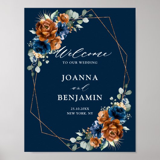 Terracotta Navy Blue Greenery Wedding Welcome Post Poster (Voorkant)