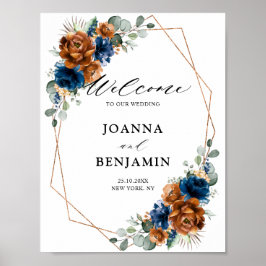 Terracotta Navy Blue Greenery Wedding Welkom Poster