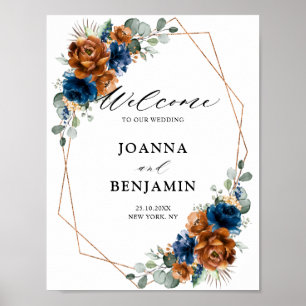 Terracotta Navy Blue Greenery Wedding Welkom Poster