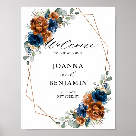 Terracotta Navy Blue Greenery Wedding Welkom Poster (Voorkant)