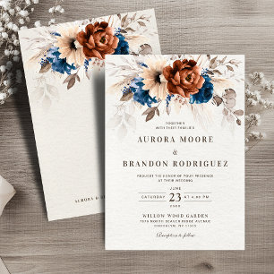 Terracotta Navy Blue Pampas Grass Botanical Weddin Kaart