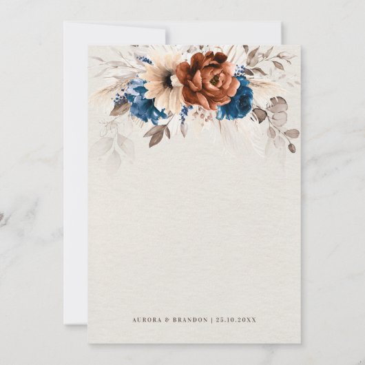 Terracotta Navy Blue Pampas Grass Botanical Weddin Kaart (Achterkant)