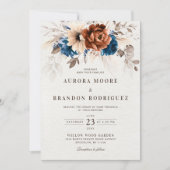 Terracotta Navy Blue Pampas Grass QR Code Wedding Kaart (Voorkant)