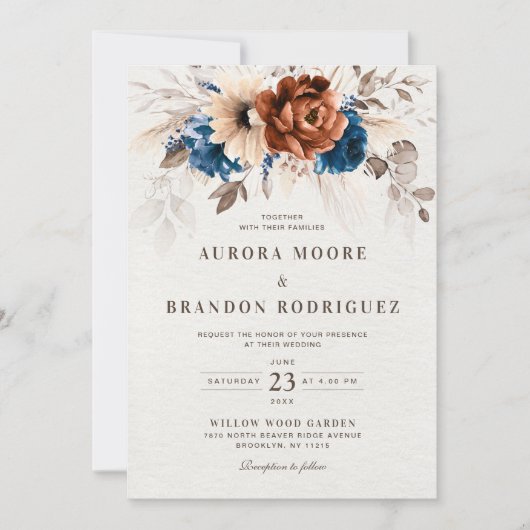 Terracotta Navy Blue Pampas Grass QR Code Wedding Kaart (Voorkant)