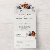 Terracotta Navy Blue Pampas Grass Rustic Wedding All In One Uitnodiging (Binnen)