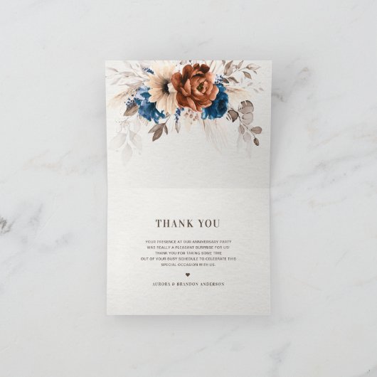 Terracotta Navy Blue Pampas Grass Rustic Wedding Bedankkaart (Binnen)