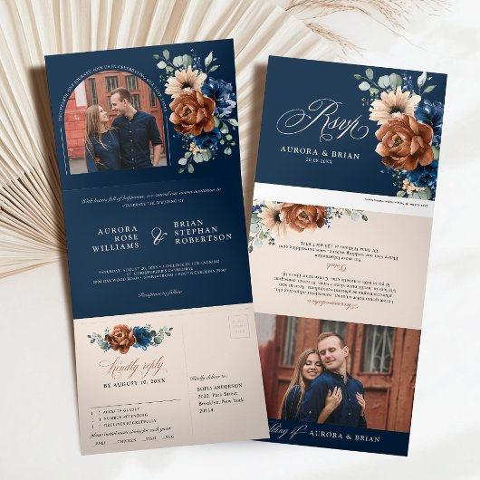 Terracotta Navy Blue Pampas Grass Rustic Wedding Drieluik Aankondiging