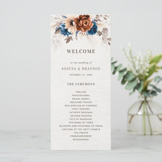 Terracotta Navy Blue Pampas Grass Rustic Wedding Programmakaart (Staand voorkant)
