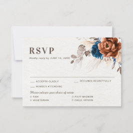 Terracotta Navy Blue Pampas Grass Rustic Wedding R RSVP Kaartje