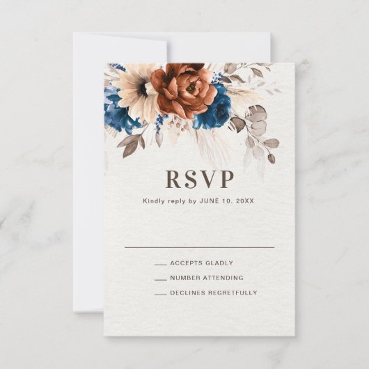Terracotta Navy Blue Pampas Grass Rustic Wedding R RSVP Kaartje (Voorkant)