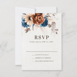 Terracotta Navy Blue Pampas Grass Rustic Wedding R RSVP Kaartje