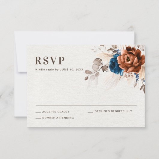Terracotta Navy Blue Pampas Grass Rustic Wedding RSVP Kaartje (Voorkant)