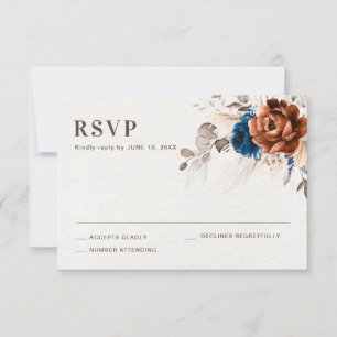 Terracotta Navy Blue Pampas Grass Rustic Wedding RSVP Kaartje