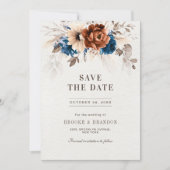 Terracotta Navy Blue Pampas Grass Rustic Wedding Save The Date (Voorkant)