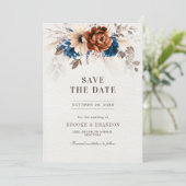 Terracotta Navy Blue Pampas Grass Rustic Wedding Save The Date (Staand voorkant)
