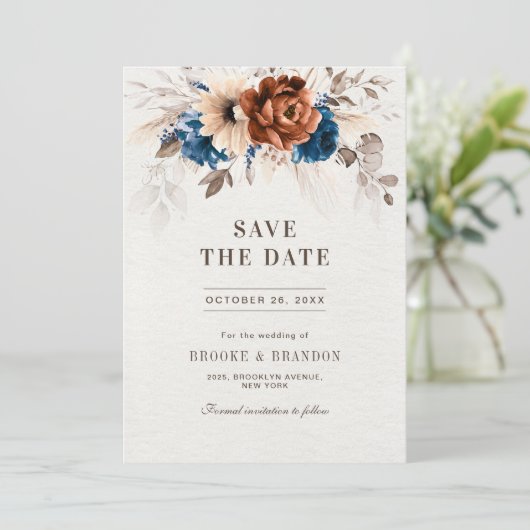 Terracotta Navy Blue Pampas Grass Rustic Wedding Save The Date (Staand voorkant)