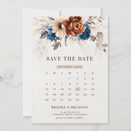 Terracotta Navy Blue Pampas Grass Rustic Wedding Save The Date (Voorkant)
