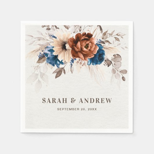 Terracotta Navy Blue Pampas Grass Rustic Wedding Servet (Voorkant)