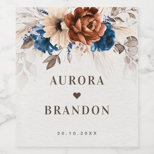 Terracotta Navy Blue Pampas Grass Rustic Wedding Wijn Etiket (Enkel label)