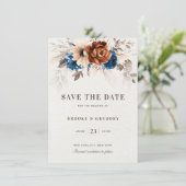 Terracotta Navy Blue Pampas Grass Save the date (Staand voorkant)